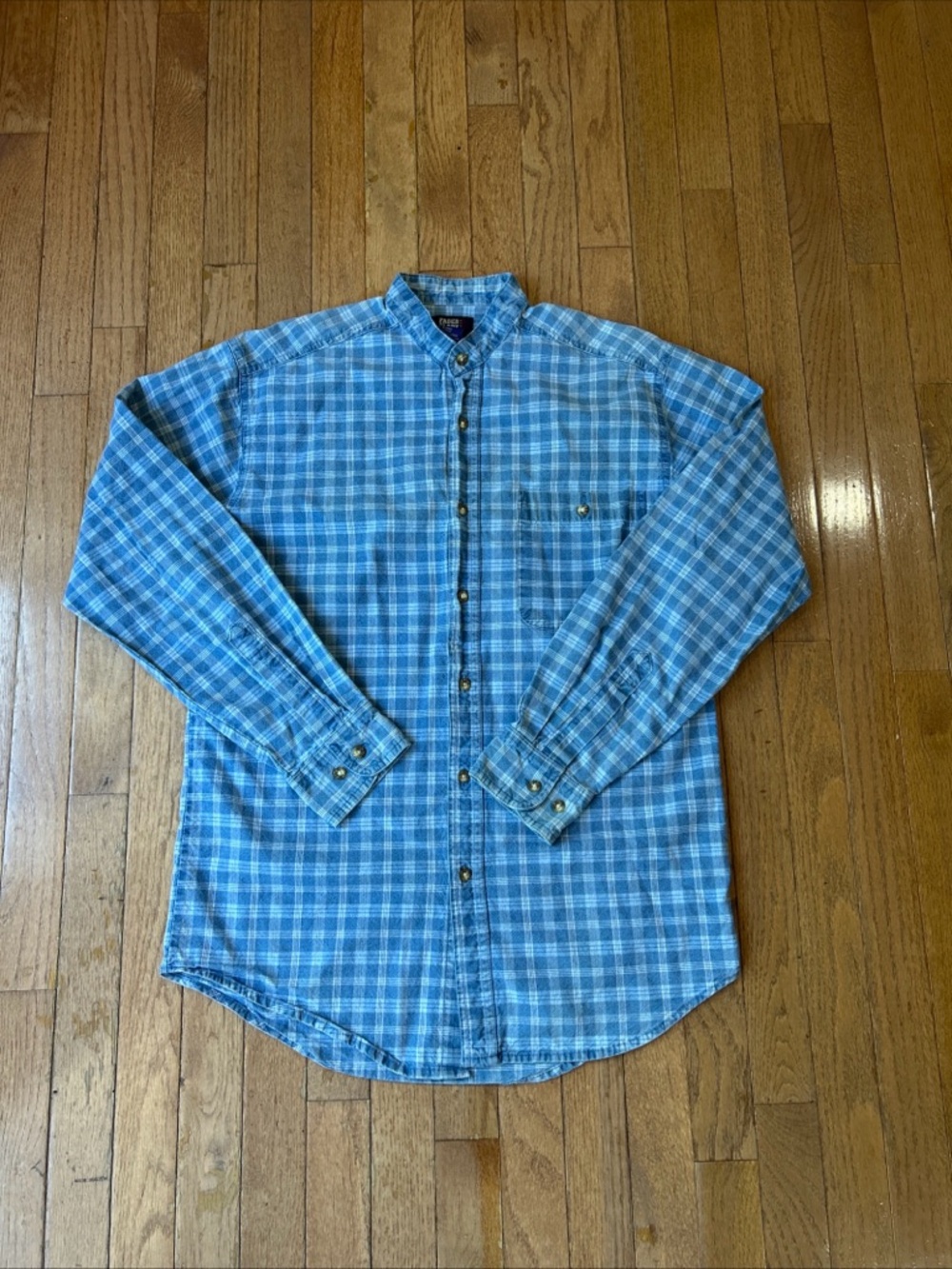 Vintage Faded Glory Collarless Button Down Shirt Denim Men’s Size Small Blue